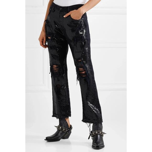 R13 Sequin Boyfriend Jeans Women's 26 Black Denim Distressed - Picture 4 of 14